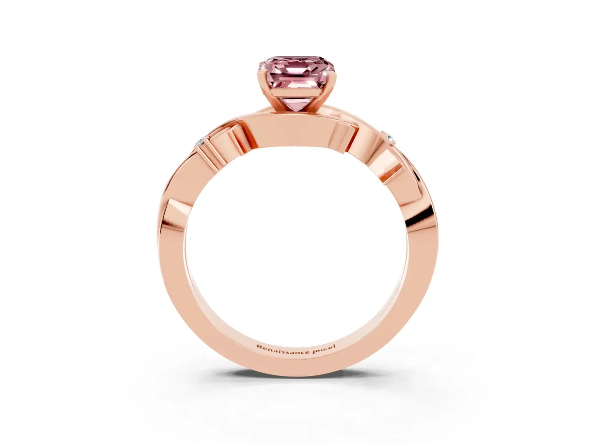 Emerald Cut Morganite Solitaire Ring with Twisted Band and Prong Setting Rose gold