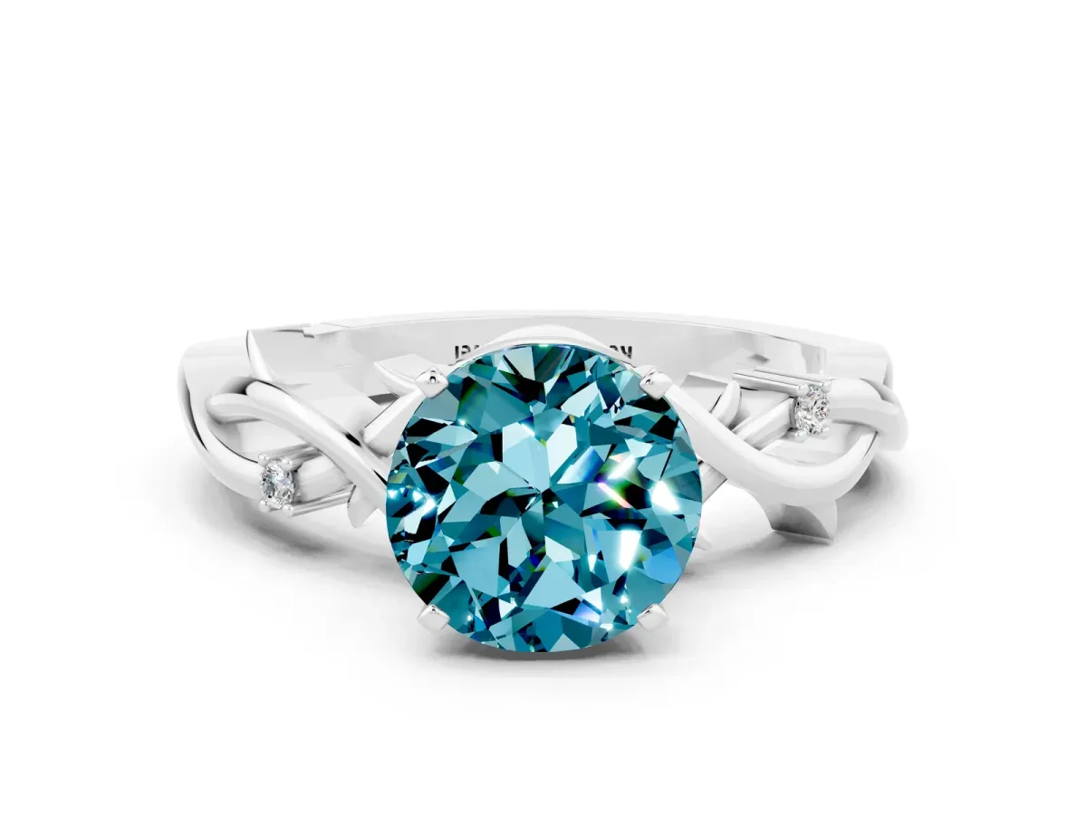 Round Cut Blue Topaz Solitaire Ring with Twisted Band and Prong Setting Platinum
