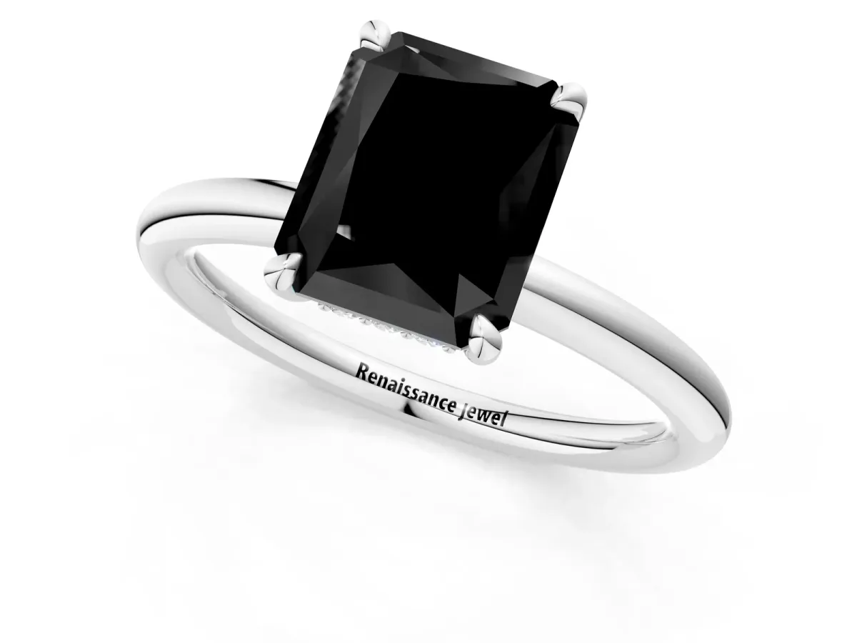 Fancy Black Radiant Cut Diamond Solitaire Ring with Thin Band and Four-Prong Setting Platinum