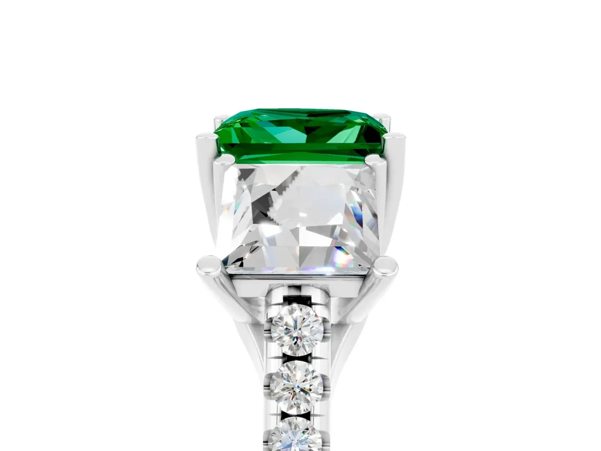 Three-Stone Princess Cut Emerald Ring with Round Pavé Band and Prong Setting Platinum