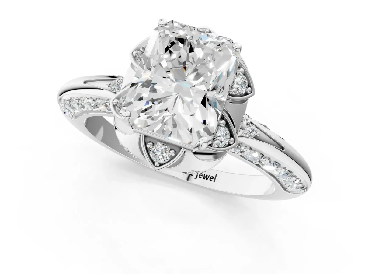 Radiant Cut Halo Split Shank Pave Diamond Ring with Petal Prong Setting Platinum