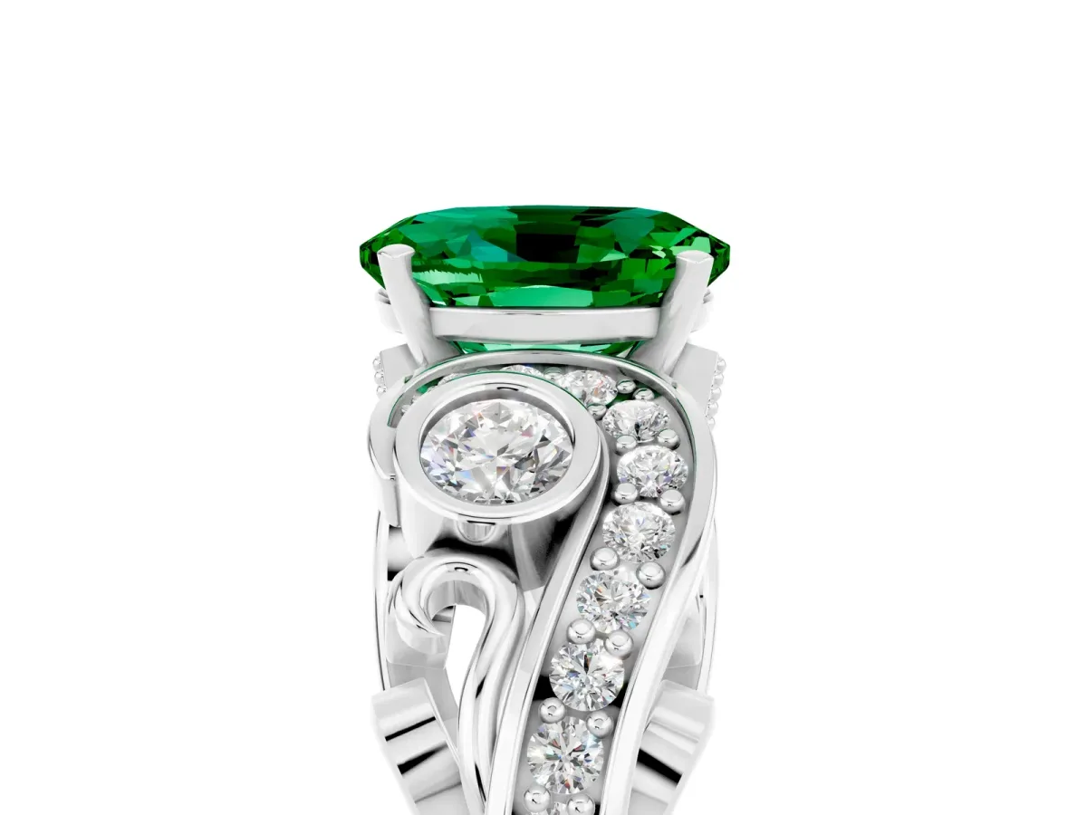 Oval Cut Emerald Solitaire Ring with Milgrain Pavé Band and Four-Prong Setting Platinum