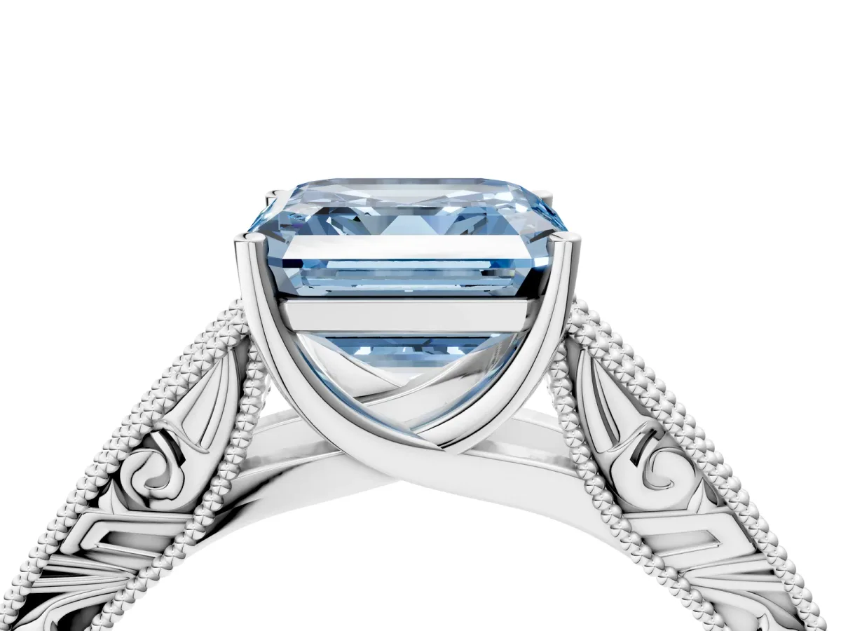 Fancy Blue Asscher Cut Diamond Solitaire Ring with Engraved Band and Four-Prong Setting Platinum
