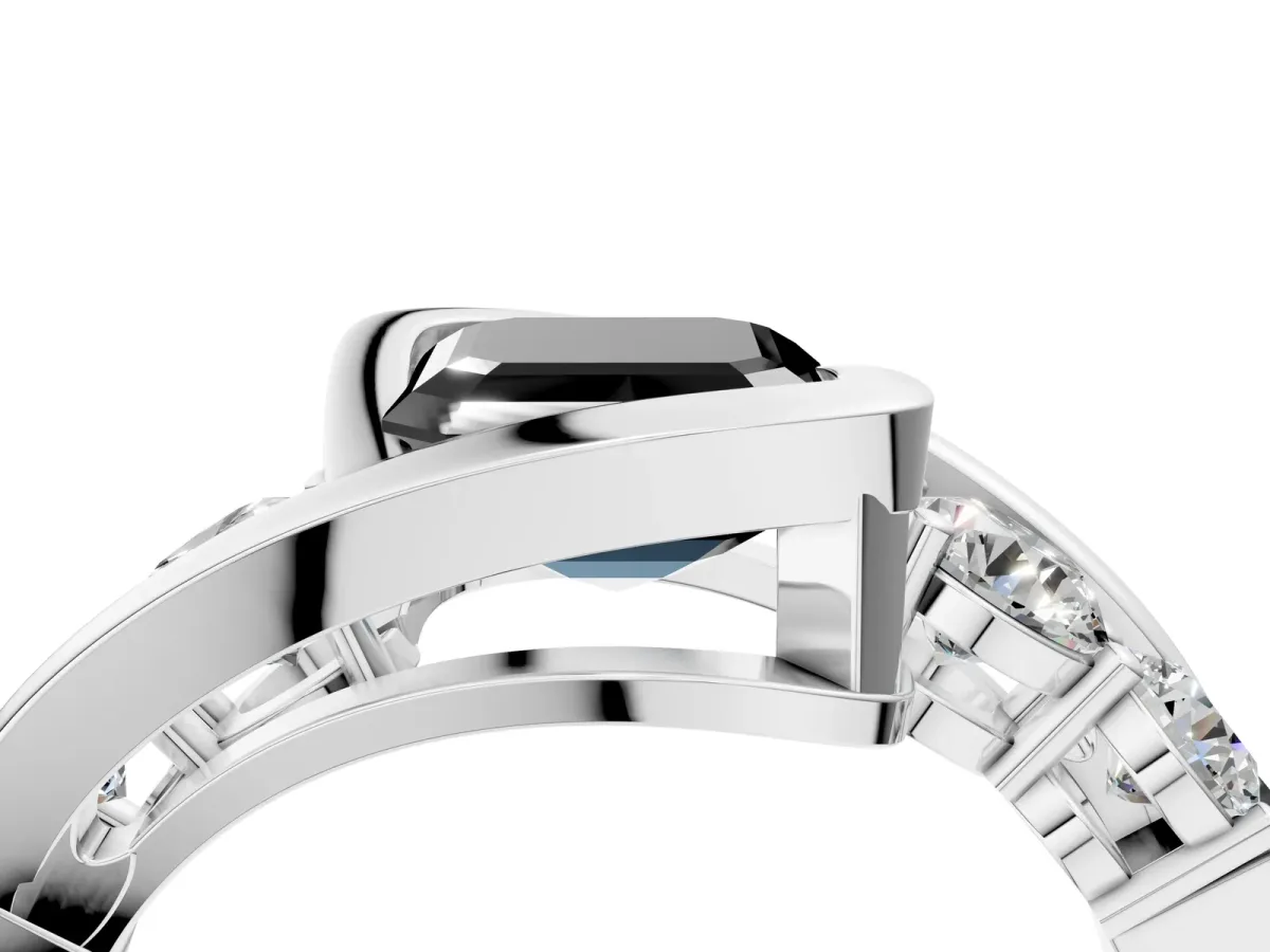 Fancy Black Bezel Set Asscher Cut Diamond Bypass Ring with Round Accents Silver