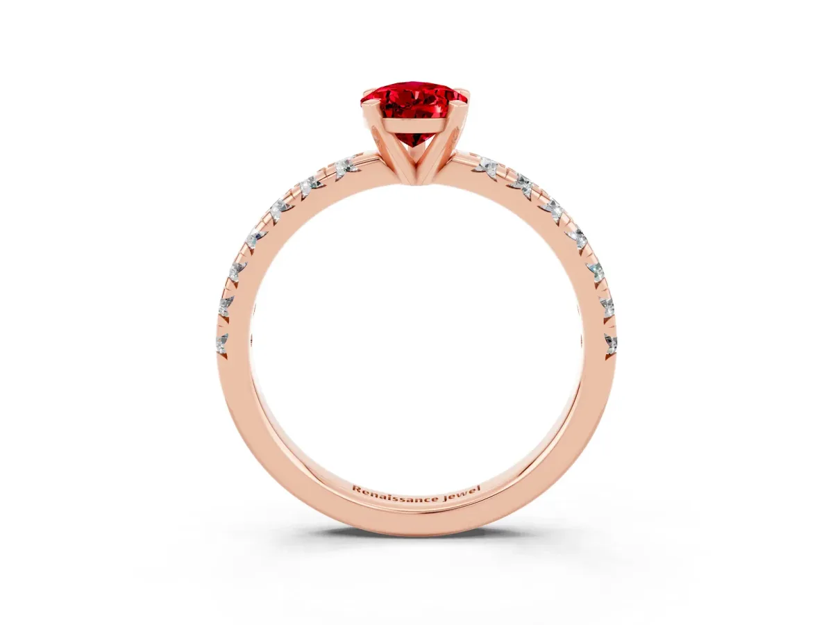 Pear Cut Ruby Solitaire Pavé Engagement Ring with Round Band and Prong Setting Rose gold