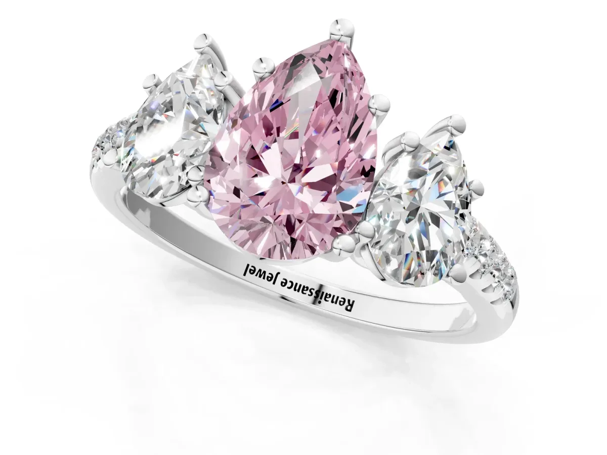 Fancy Pink Three-Stone Pear Cut Diamond Ring with Round Pavé Band and Prong Setting Silver