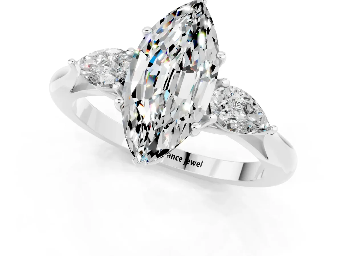 Marquise Cut Moissanite Three-Stone Ring with Pear Side Stones and Prong Setting Silver