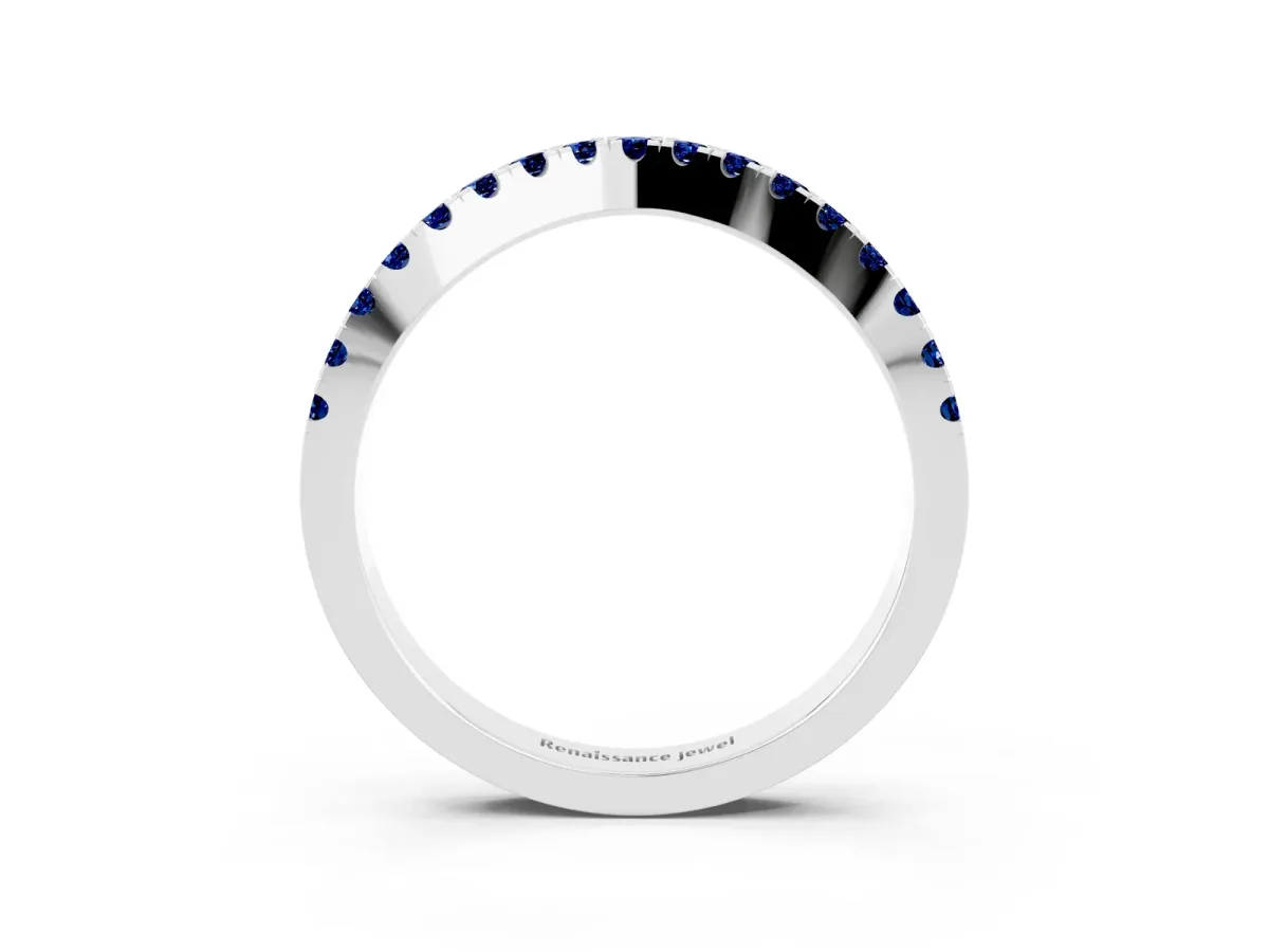 Round Blue Sapphire Pavé Curved Band with Shared Prong Setting Silver