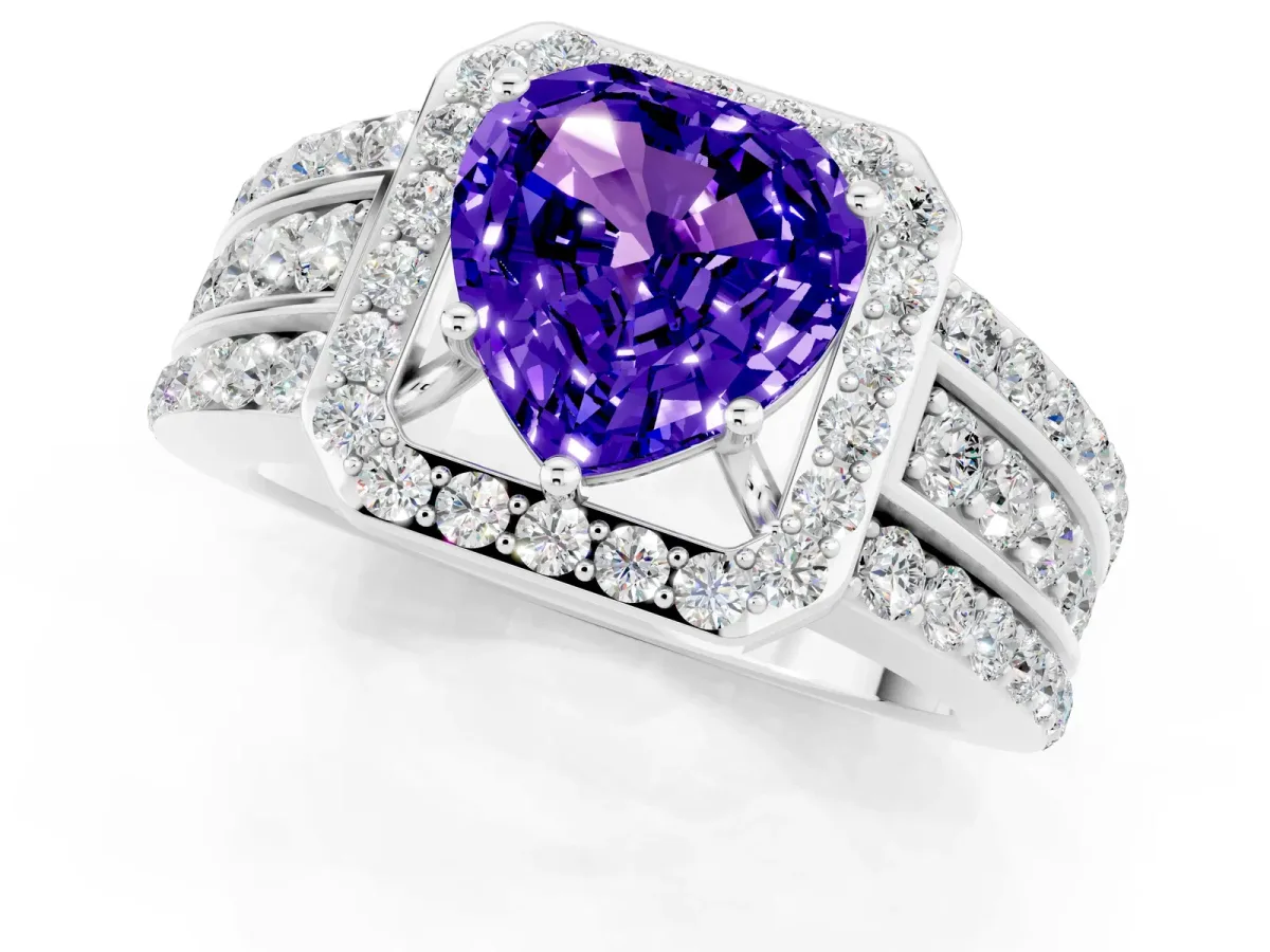 Heart Cut Halo Tanzanite Ring with Round Split Shank and Prong Setting Silver