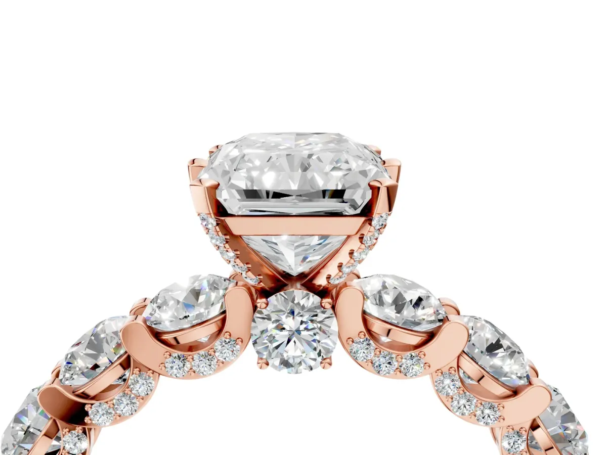 Radiant Cut Diamond Side Stone Engagement Ring with Four-Prong Setting Rose gold