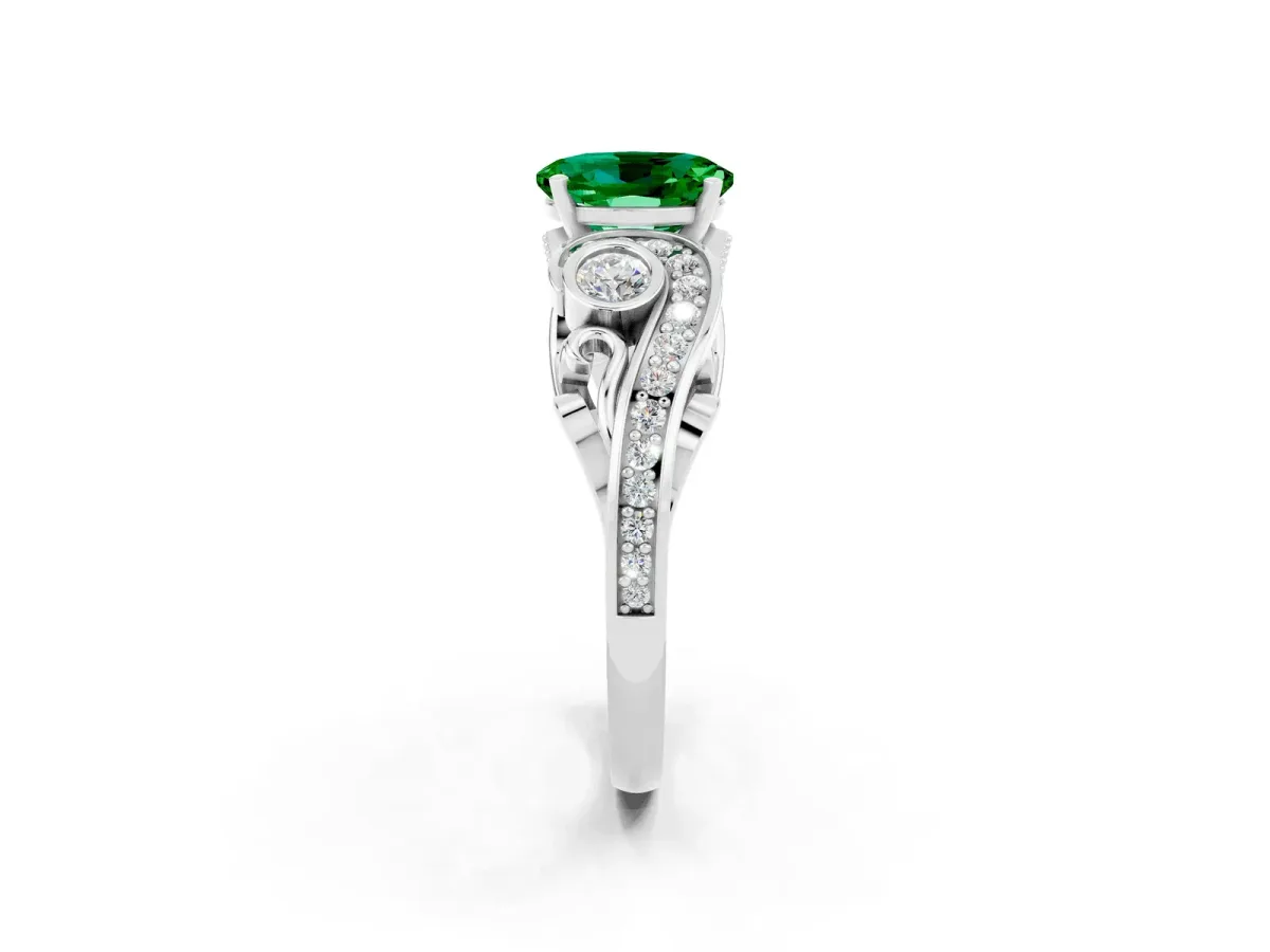 Oval Cut Emerald Solitaire Ring with Milgrain Pavé Band and Four-Prong Setting Platinum