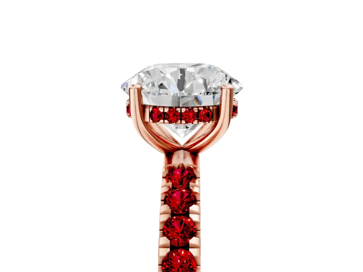 Round Cut Diamond Pave Band Solitaire Ring with Round Ruby and Prong Setting Rose gold