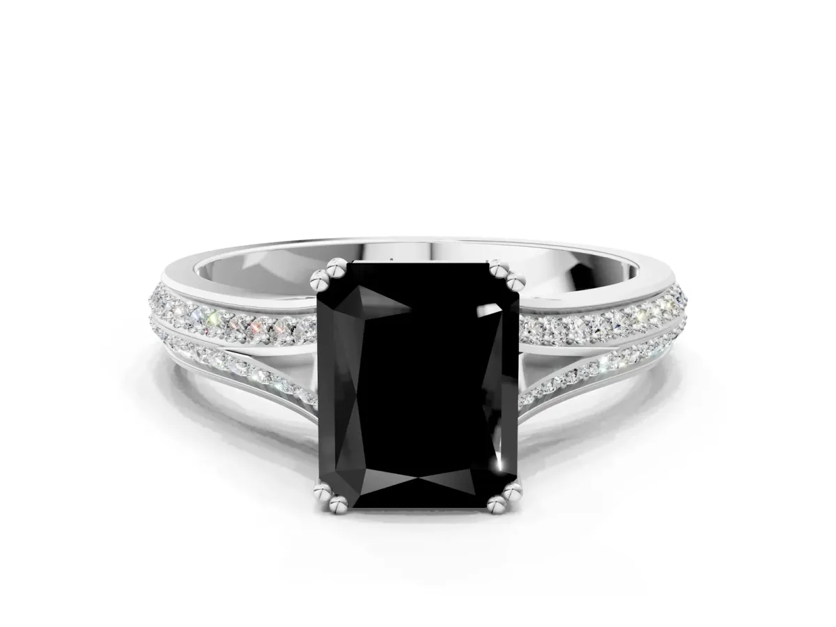 Fancy Black Radiant Cut Diamond Split Shank Engagement Ring with Pavé Band Platinum