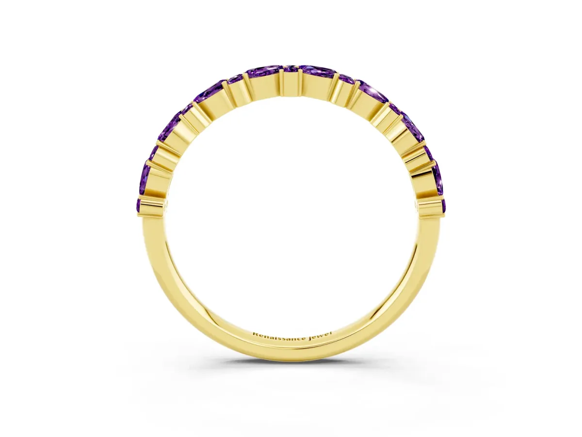 Pear and Round Amethyst Wedding Band Yellow gold
