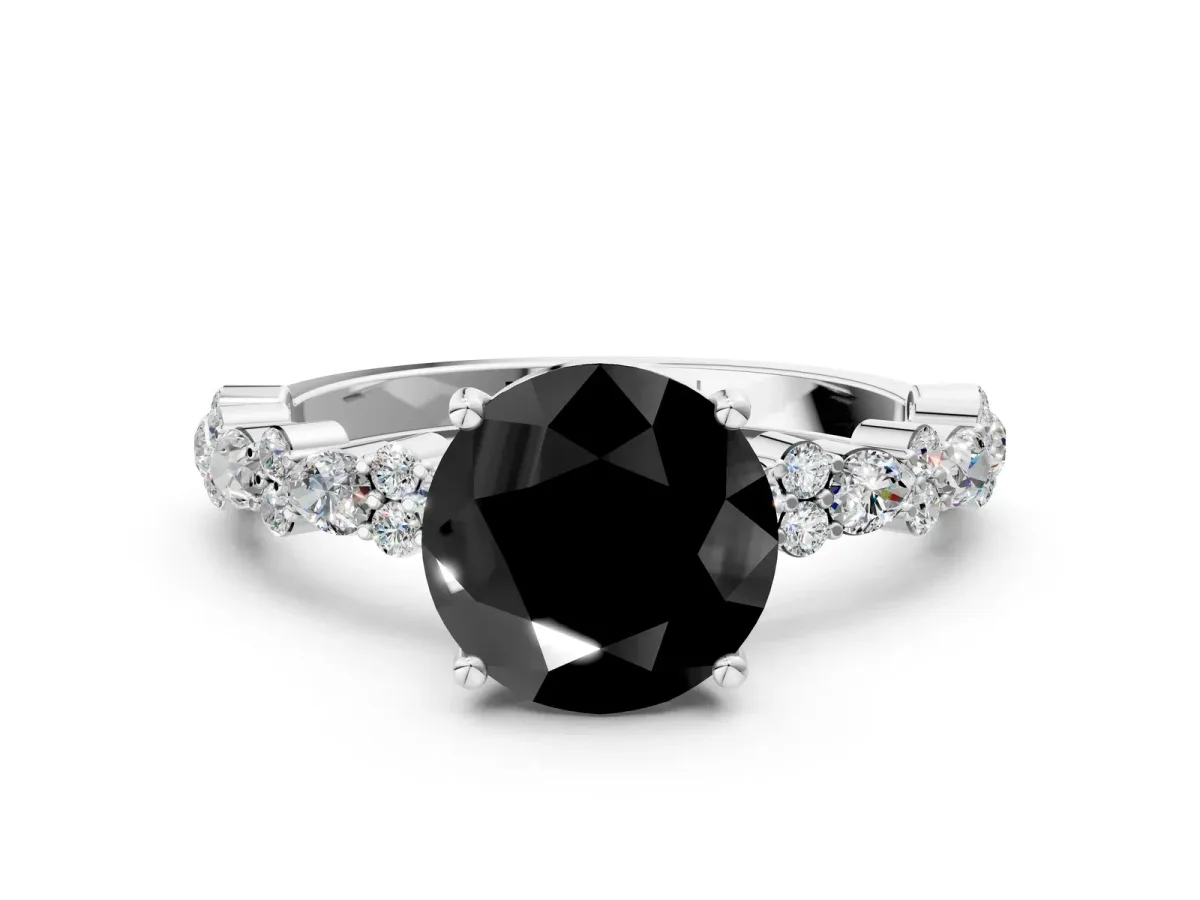Fancy Black Round Cut Diamond Side Stone Solitaire Ring with Round and Four-Prong Setting White gold