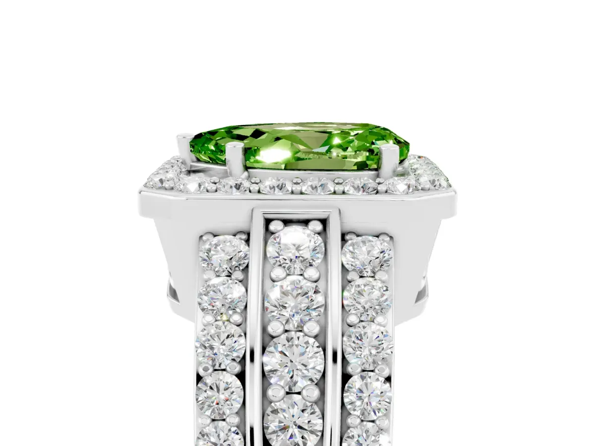 Pear Cut Halo Peridot Ring with Round Split Shank and Prong Setting Silver