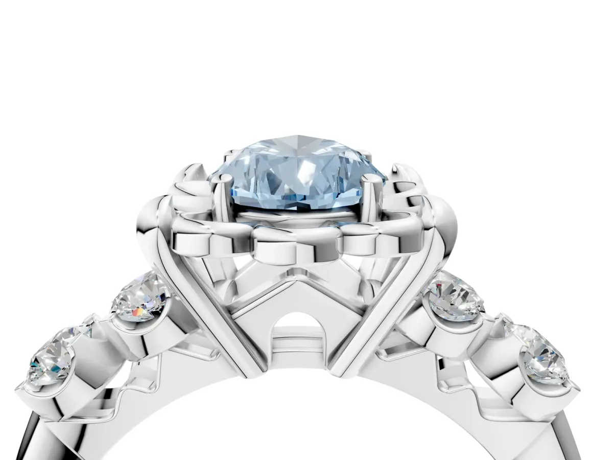 Fancy Blue Pear Cut Cut Diamond Floral Halo Engagement Ring with Shared Prong Setting Silver