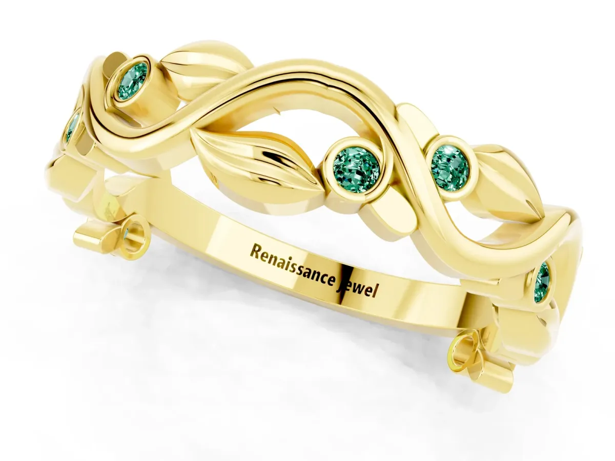 Round Green Sapphire Leaf Eternity Band with Bezel Setting Yellow gold