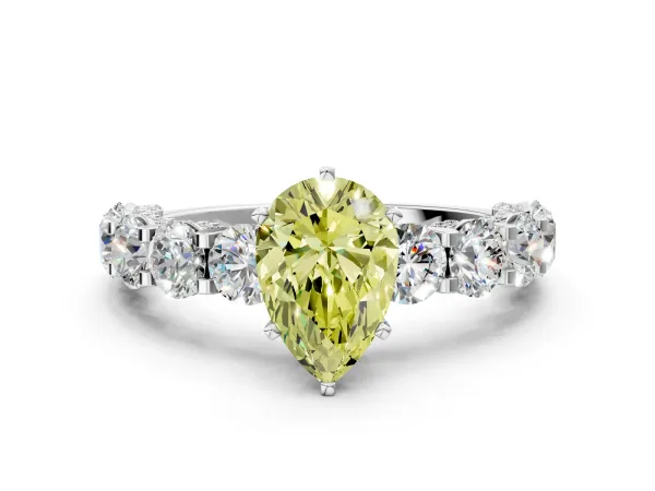 Fancy Yellow Pear Cut Diamond Side Stone Engagement Ring with Four-Prong Setting Platinum