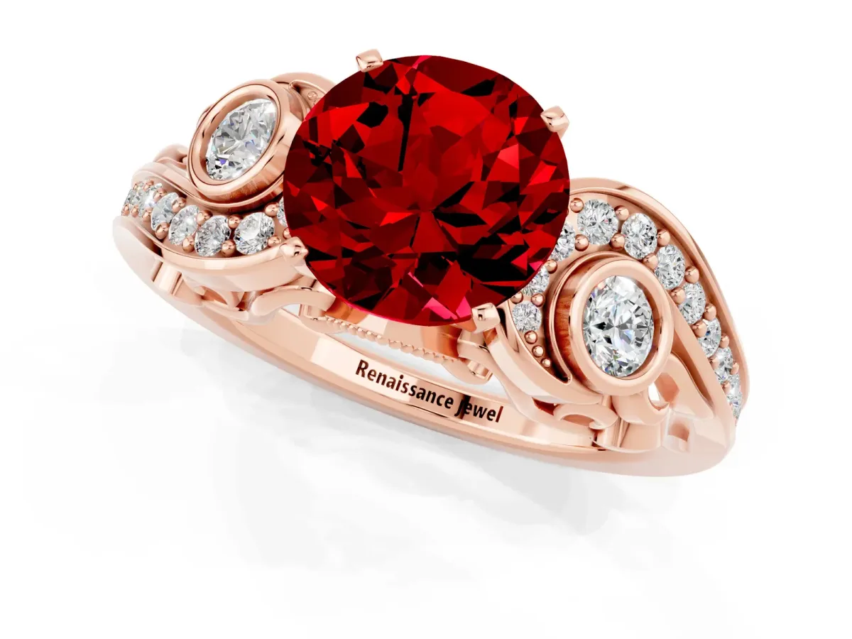 Round Cut Ruby Solitaire Ring with Milgrain Pavé Band and Four-Prong Setting Rose gold