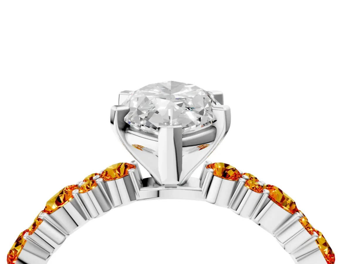 Marquise Cut Diamond Side Stone Solitaire Ring with Round Citrine and Four-Prong Setting Silver