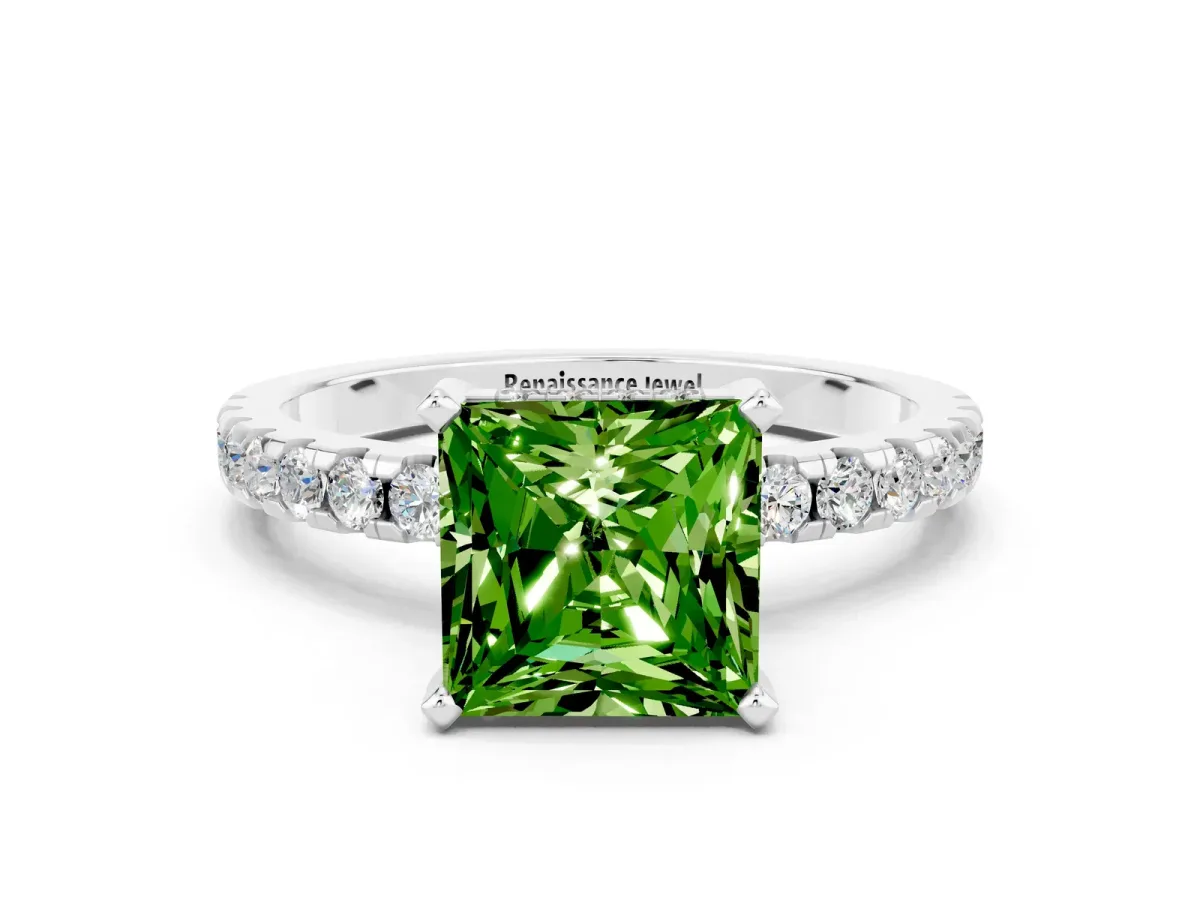 Princess Cut Peridot Solitaire Ring with Round Pavé Band and Four-Prong Setting Silver