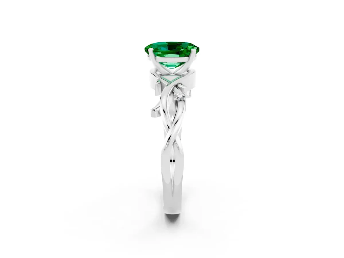Oval Cut Emerald Solitaire Ring with Twisted Band and Prong Setting Platinum