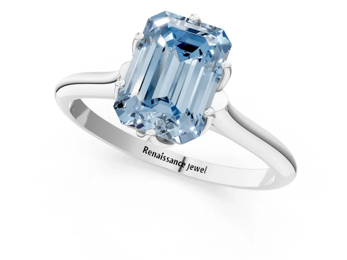 Fancy Blue Emerald Cut Solitaire Cathedral Diamond Ring with Six-Prong Setting Silver