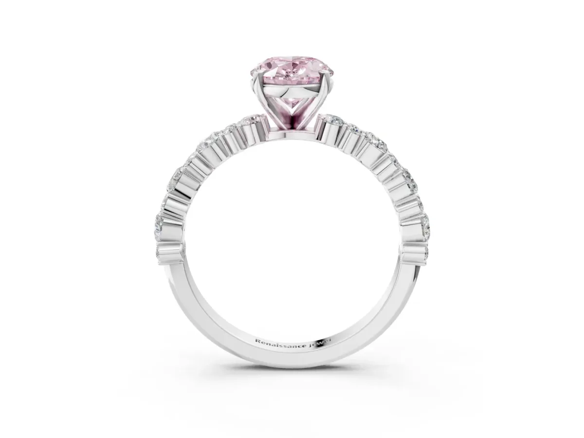 Fancy Pink Oval Cut Diamond Side Stone Solitaire Ring with Round and Four-Prong Setting White gold