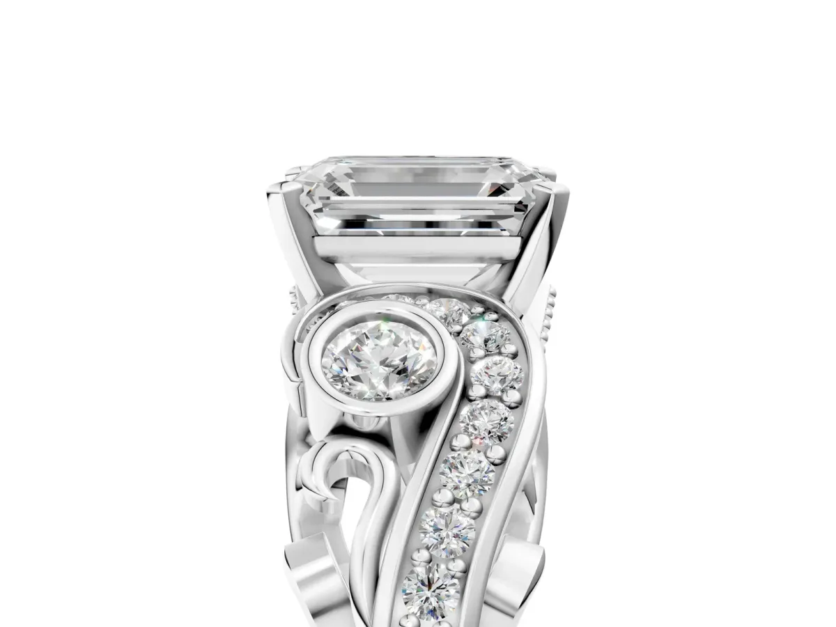 Emerald Cut Diamond Solitaire Ring with Milgrain Pavé Band and Four-Prong Setting Silver