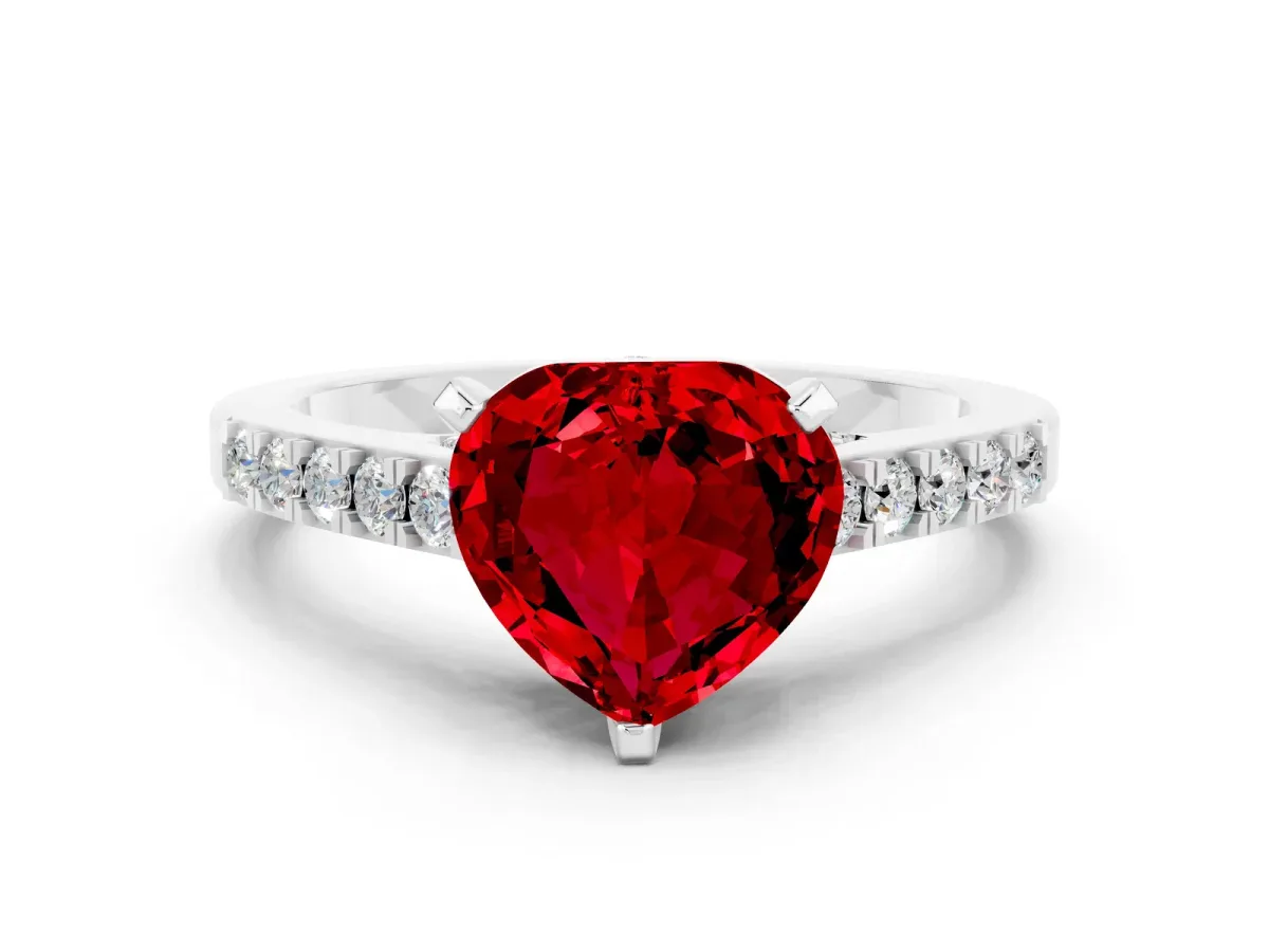 Heart Cut Ruby Solitaire Ring with Crossover Gallery and Round Pavé Band Silver