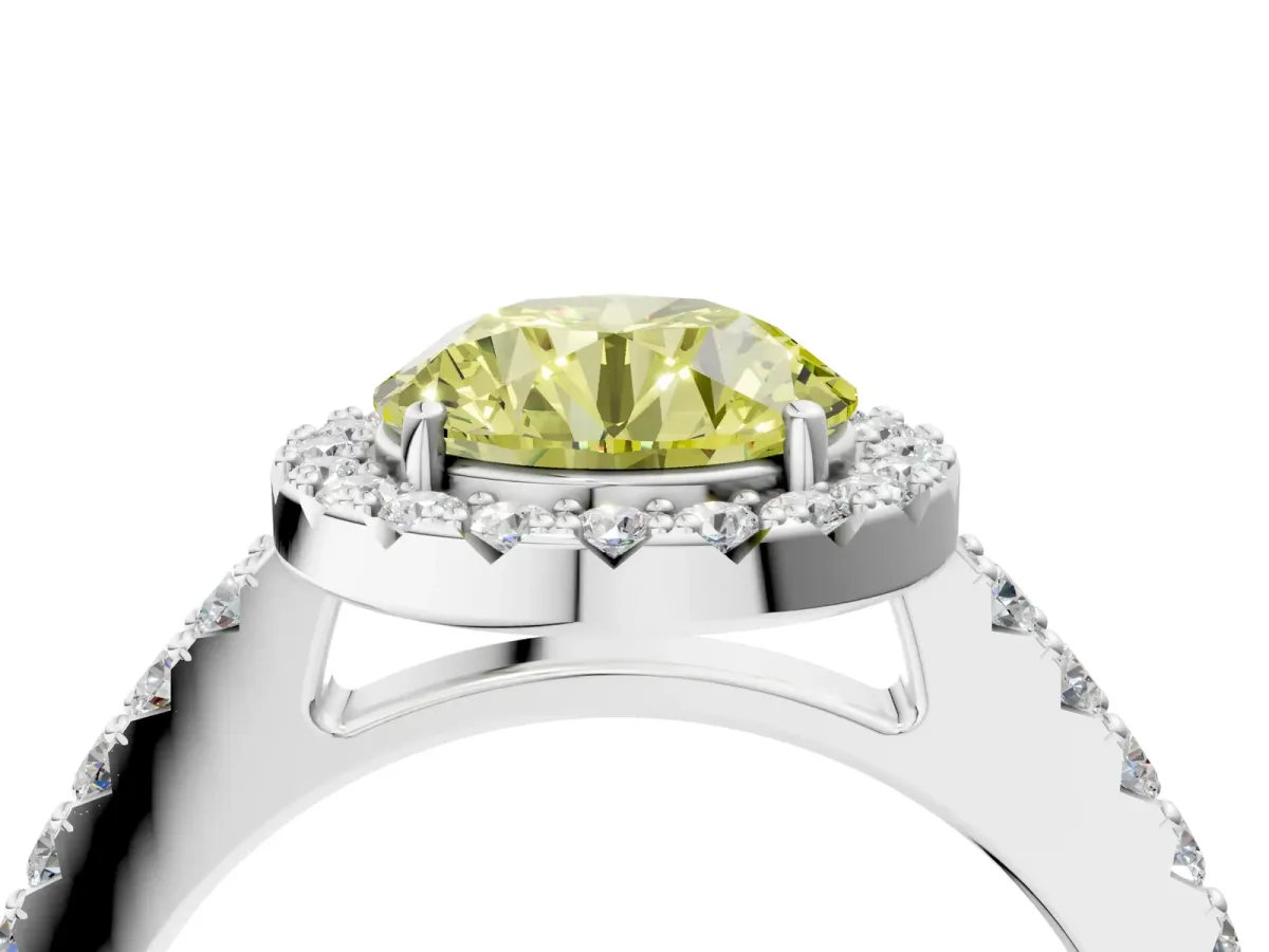 Fancy Yellow Round Cut Halo Diamond Pavé Solitaire Ring Platinum