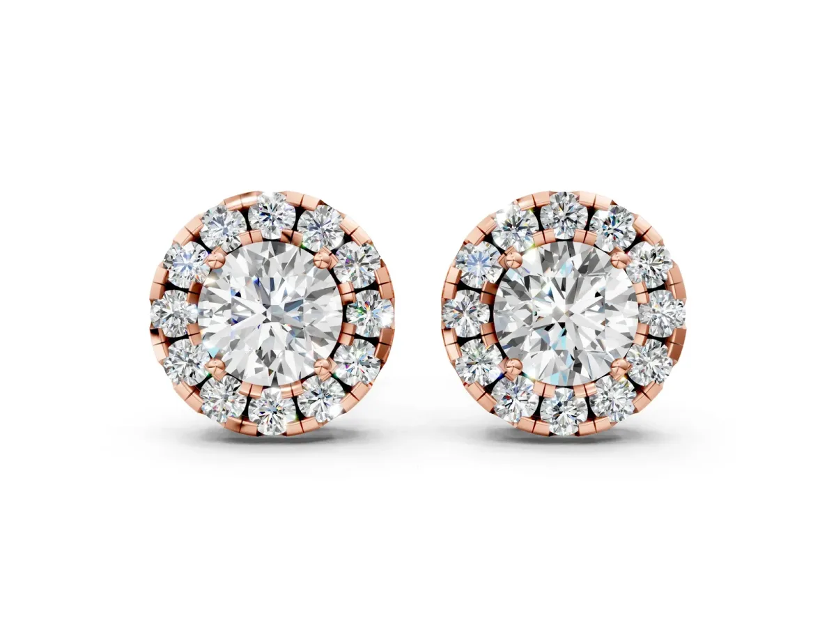 Round Cut Diamond Halo Stud Earrings Rose gold
