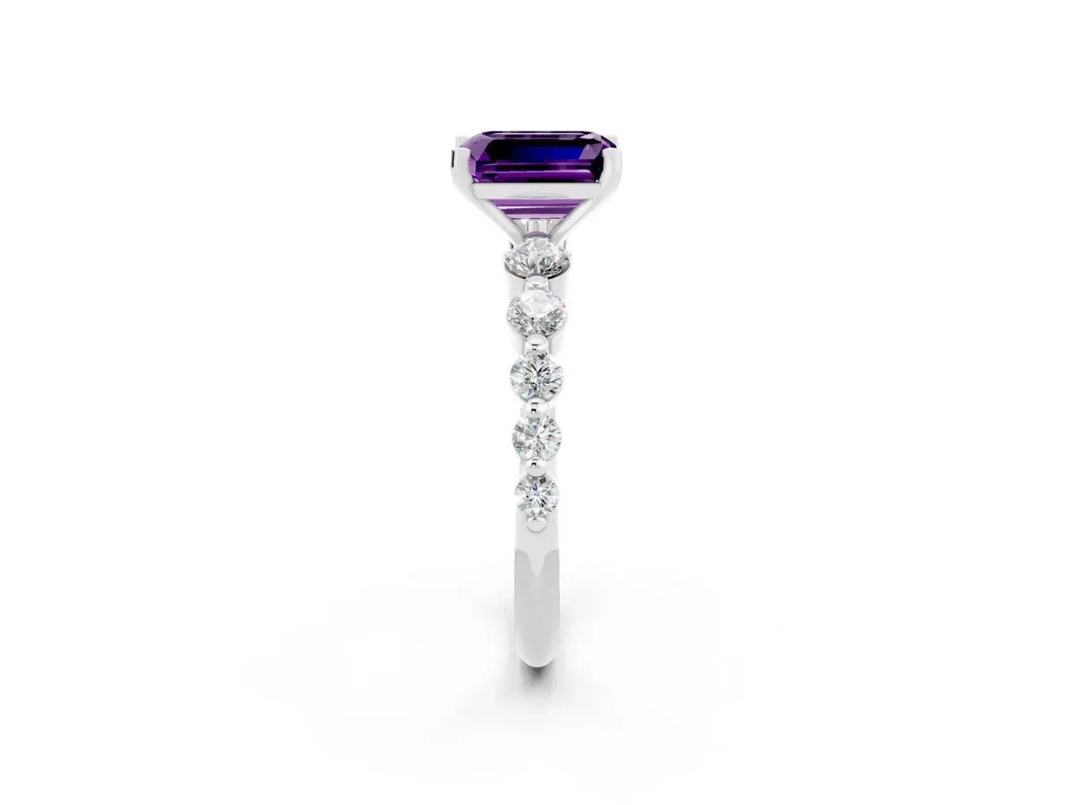 Emerald Cut Solitaire Amethyst Ring with Pave Band and Four-Prong Setting Platinum