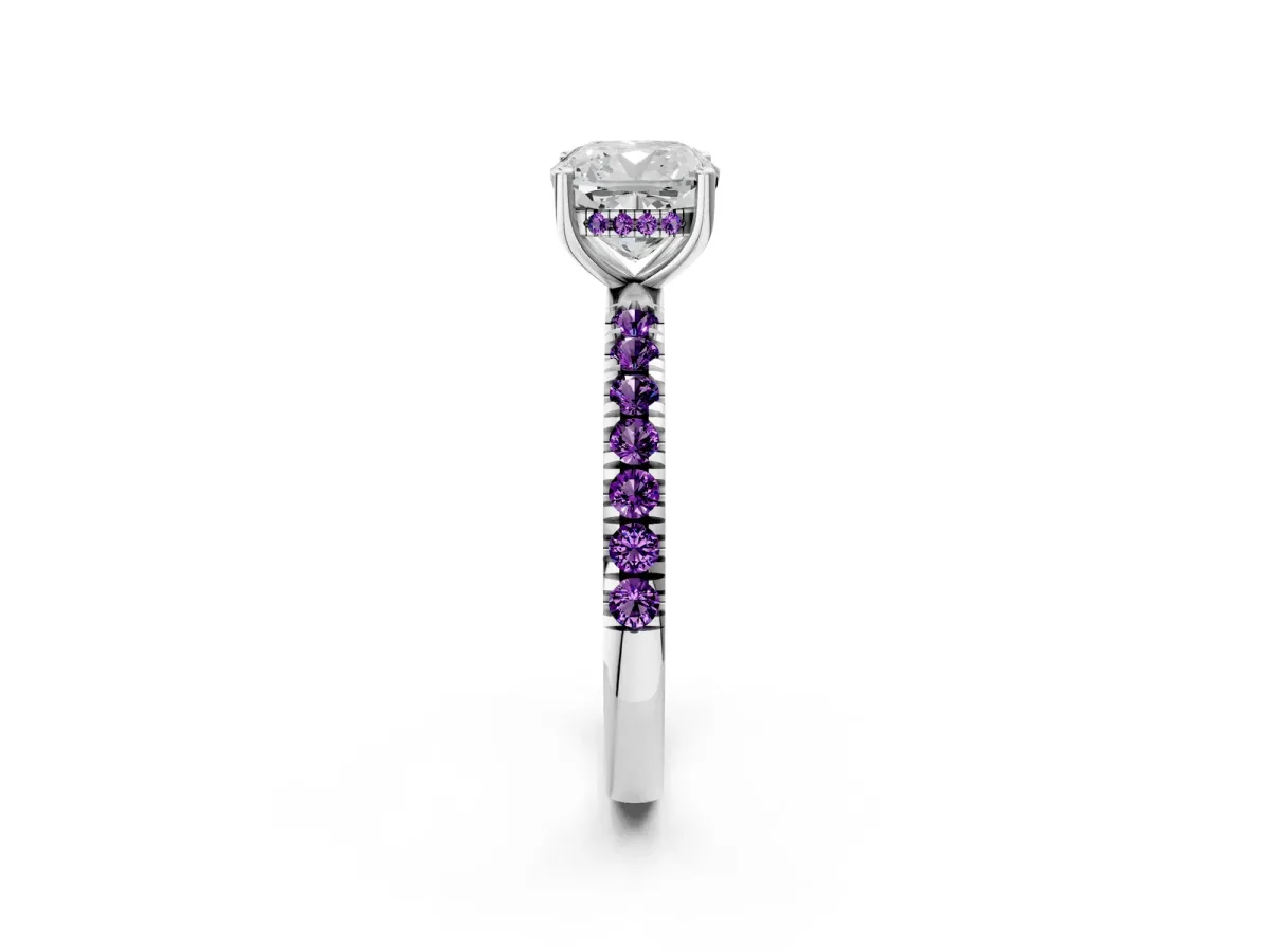 Cushion Cut Diamond Pave Band Solitaire Ring with Round Amethyst and Prong Setting Silver
