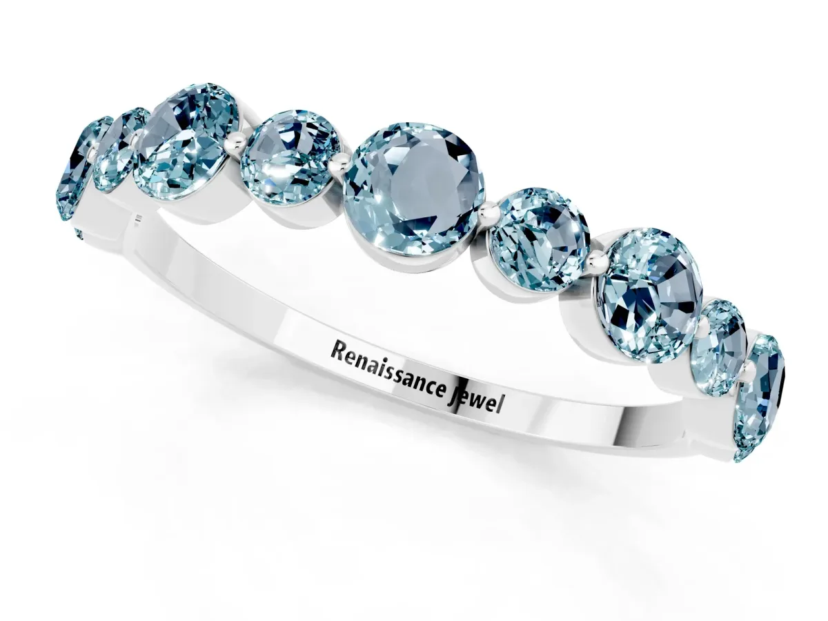 Round Aquamarine Scalloped Prong Set Eternity Band Silver