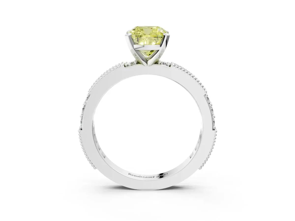 Fancy Yellow Cushion Cut Solitaire with Pavé Band and Four-Prong Setting Silver
