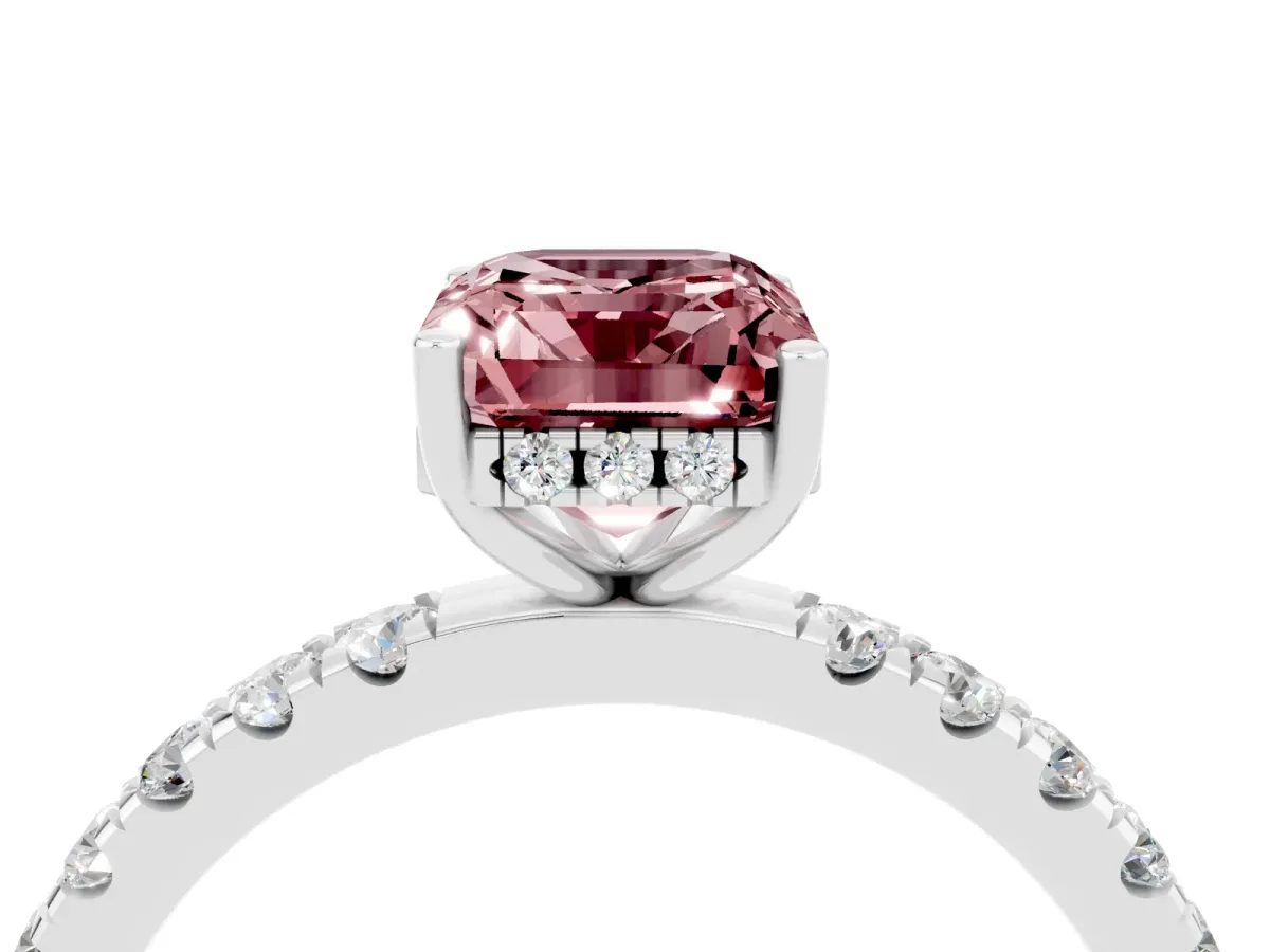 Emerald Cut Morganite Pave Band Solitaire Ring with Round and Prong Setting Platinum