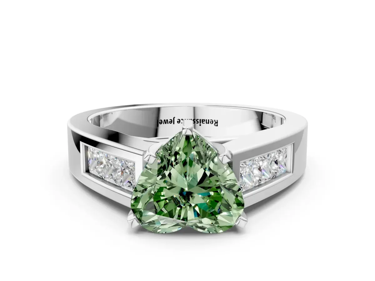 Fancy Green Heart Cut Cut Channel Set Solitaire Ring with Four-Prong Setting Platinum