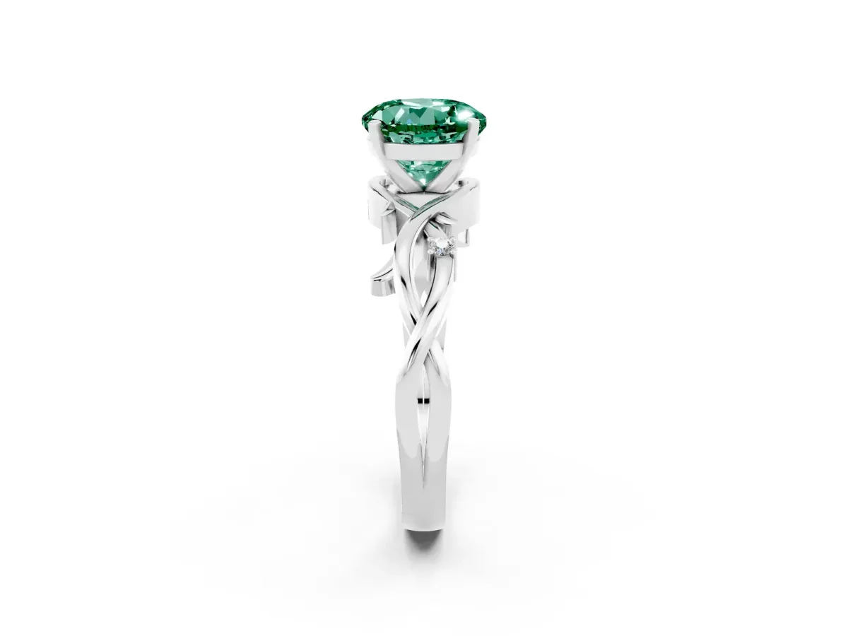 Round Cut Green Sapphire Solitaire Ring with Twisted Band and Prong Setting Platinum