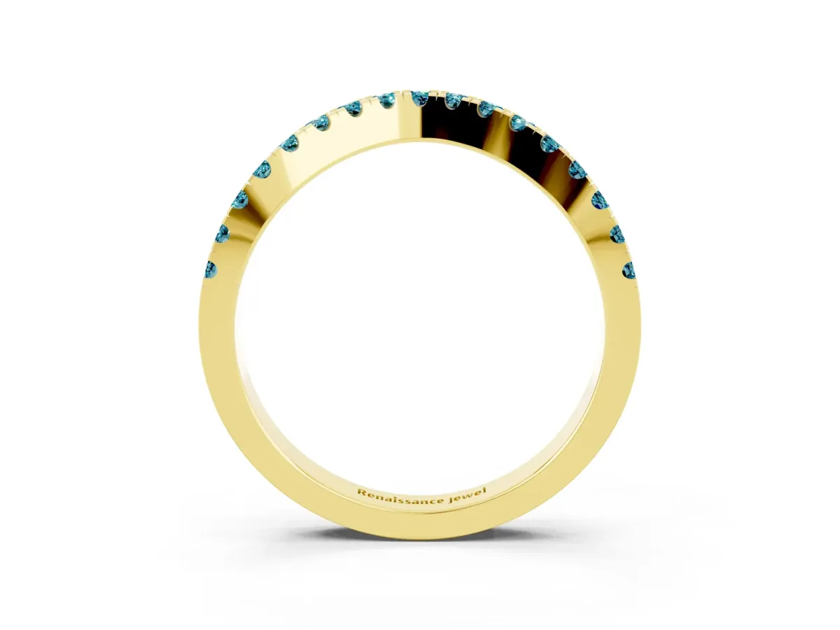 Round Blue Topaz Pavé Curved Band with Shared Prong Setting Yellow gold