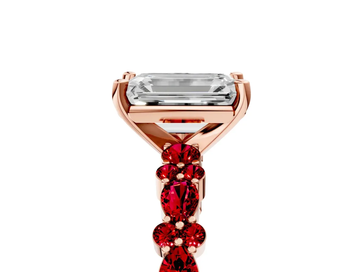 Emerald Cut Diamond Side Stone Solitaire Ring with Round Ruby and Four-Prong Setting Rose gold