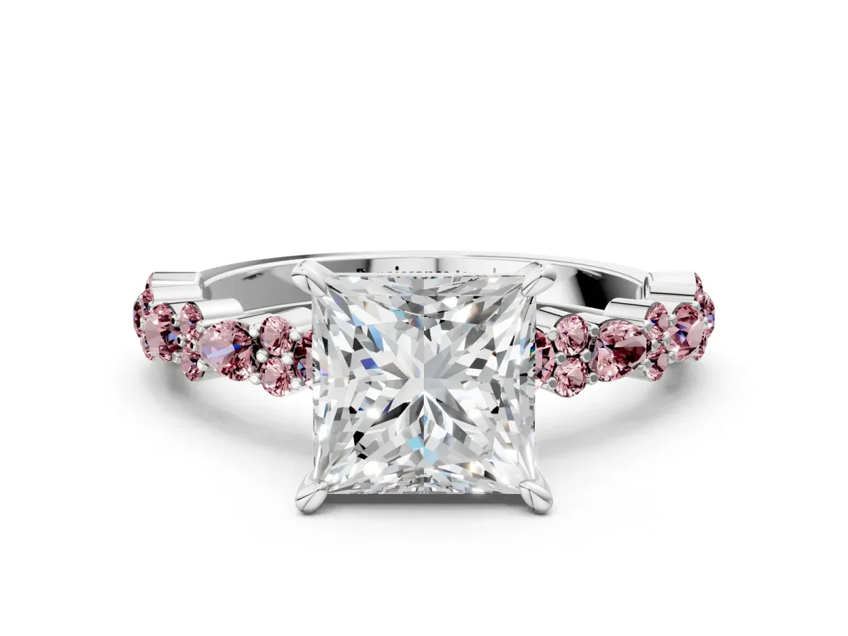 Princess Cut Diamond Side Stone Solitaire Ring with Round Morganite and Four-Prong Setting Silver