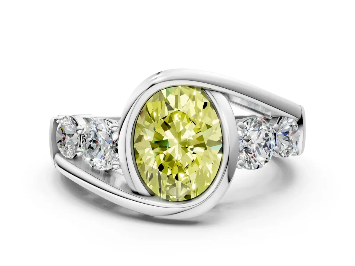 Fancy Yellow Bezel Set Oval Cut Diamond Bypass Ring with Round Accents Platinum
