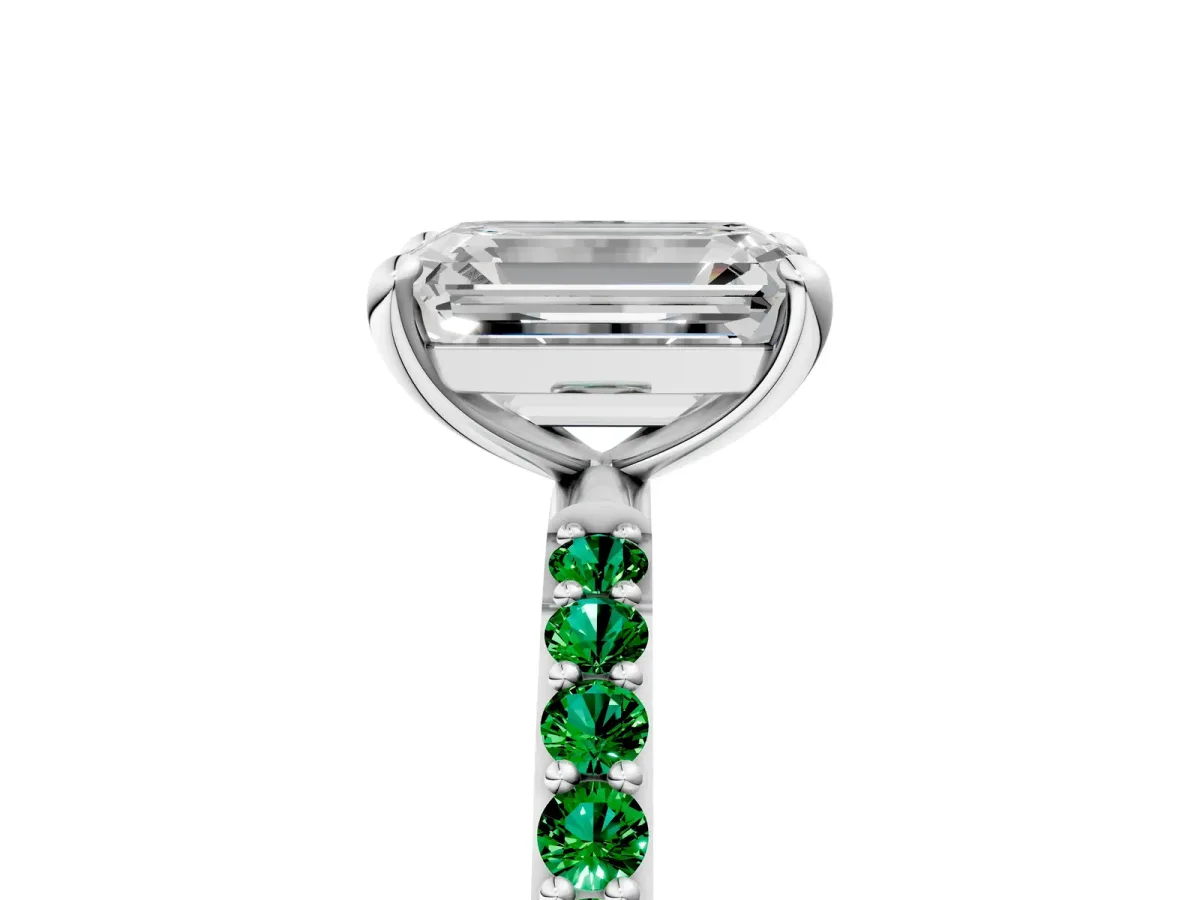 Emerald Cut Diamond Solitaire Ring with Round Emerald Pavé Band and Prong Setting Platinum
