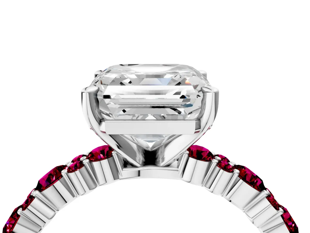 Asscher Cut Diamond Side Stone Solitaire Ring with Round Garnet and Four-Prong Setting Silver