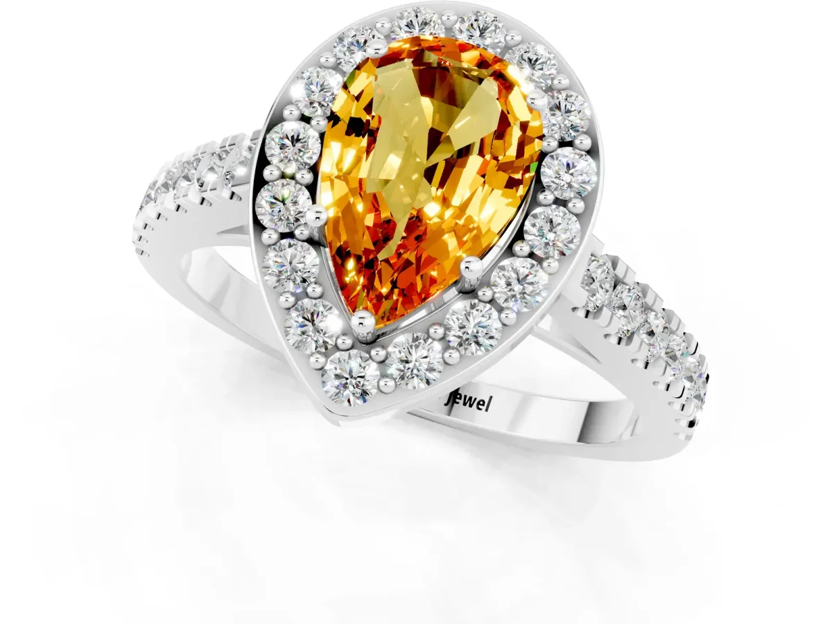 Pear Cut Citrine Halo Ring with Round Pavé Split Shank and Prong Setting Platinum