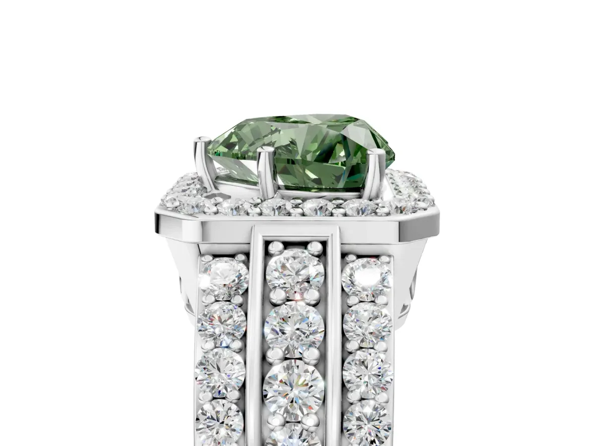 Fancy Green Heart Cut Halo Diamond Ring with Round Split Shank and Prong Setting Silver