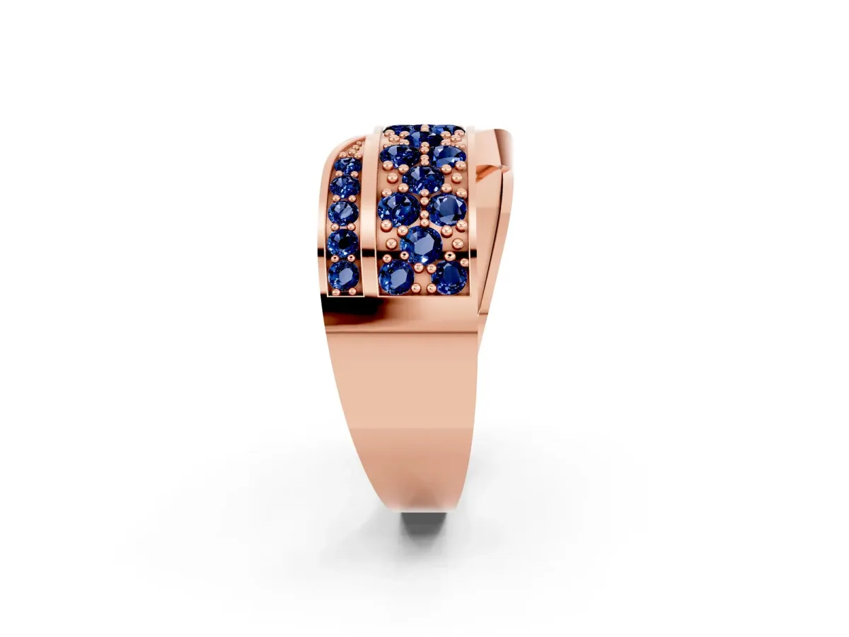 Pavé Round Blue Sapphire Crossover Band with Bead Prong Setting Rose gold