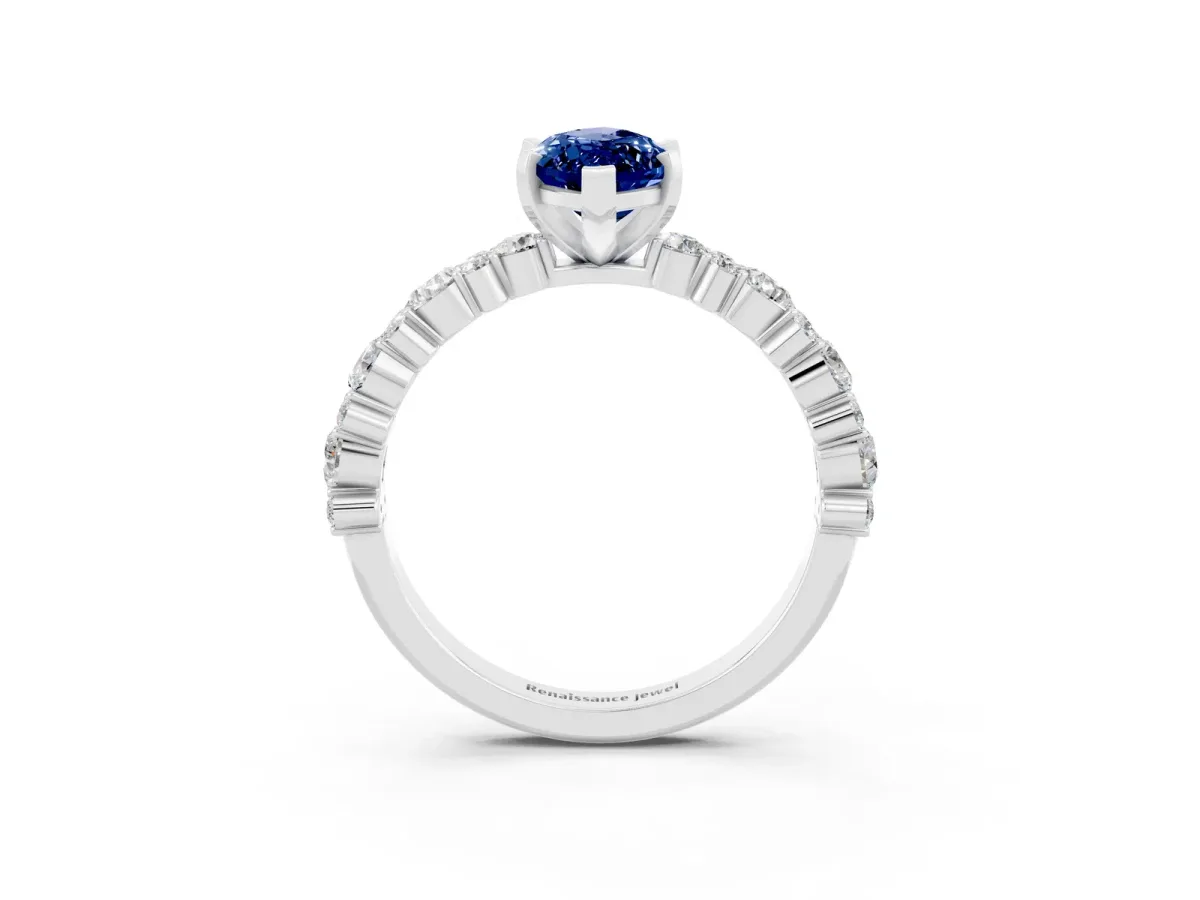 Marquise Cut Blue Sapphire Side Stone Solitaire Ring with Round and Four-Prong Setting Silver